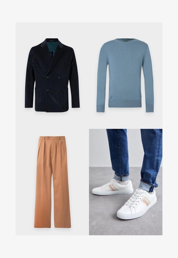 Blazer croisé en velours côtelé marine foncé, doté de deux poches avant et d'une doublure intérieure contrastante en teal.; Pull bleu clair en tissu maille lisse avec manches longues, col et bord inférieur côtelés. Présente un design simple sans motifs.; Pantalons larges beiges avec une taille plate, des plis et une fermeture à un bouton à la taille. Texture lisse et design longueur complète.; Baskets en cuir blanc avec des rayures multicolores, design à lacets, semelle en caoutchouc et col rembourré, associées à un jean en denim bleu.