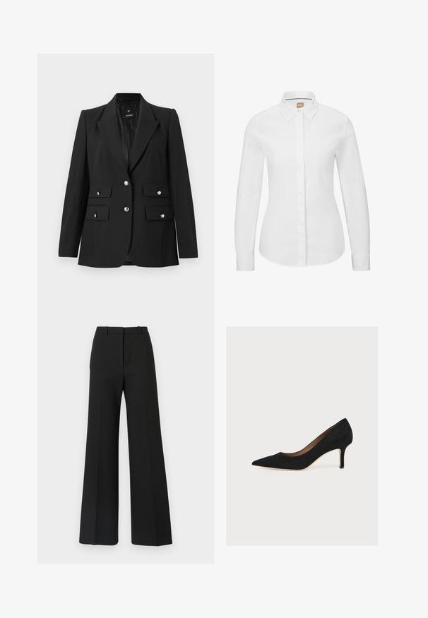 Sort blazer lavet af glat stof, med vende-krave, to knaplukninger og to frontlommer med flap og skinnende sølvknapper.; Hvid langærmet skjorte med knapper i sprød bomuldsstof, med klassisk krave, frontlukning og skræddersyet pasform. Glat tekstur, ingen mønstre.; Sorte buks med vide ben og skræddersyet design, der har en glat tekstur og subtile plisseringer foran. Ingen synlige detaljer eller mønstre.; Sort ruskindspumpe med spids snude, mellemhøj stiletthæl og tan indersål på en lys baggrund.