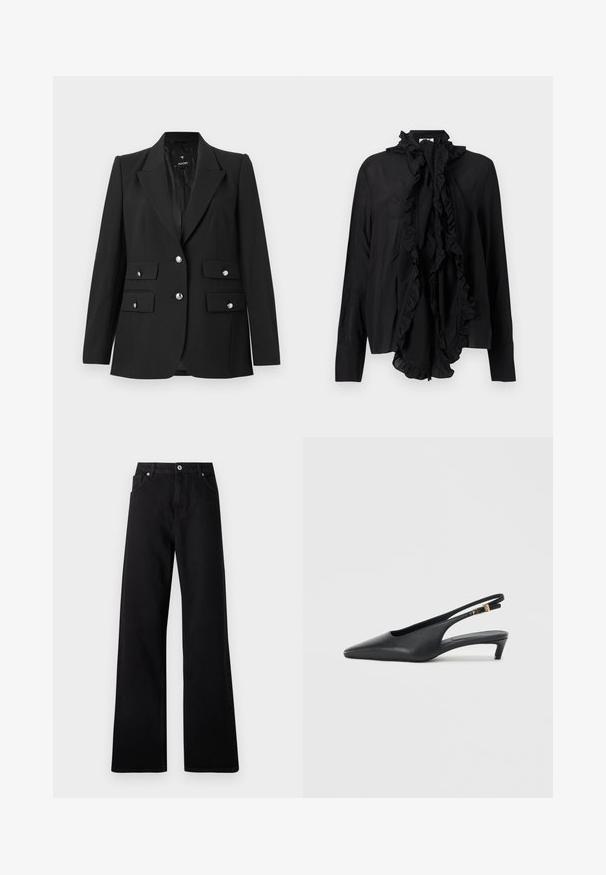 Schwarzer Blazer aus glattem Stoff, mit Reverskragen, zwei Knopfverschlüssen und zwei vorderen Klappentaschen mit glänzenden silbernen Knöpfen.; Schwarze langärmlige Bluse mit gerafftem Stehkragen und großem, gerafftem Frontbanddetail, glatter Stoff, taillierte Manschetten.; Schwarze weit geschnittene Jeans aus Denim mit einem Fünf-Taschen-Design, vorderem Knopfverschluss und dezenten Nähdetails.; Schwarze Slingback-Pumps mit spitzer Zehe, glatter Lederoberfläche, niedrigem Kitten-Absatz und einem Riemen mit einem metallenen Schnallenakzent.