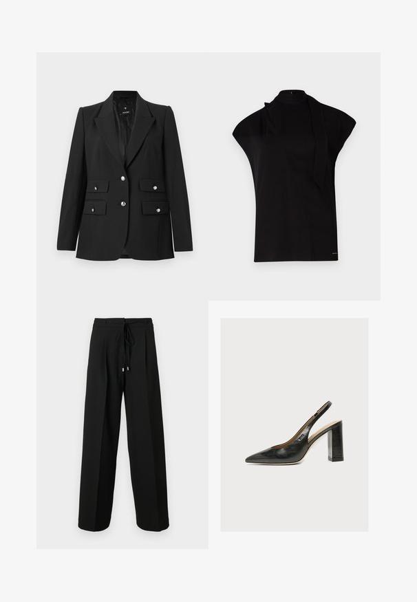 Sort blazer lavet af glat stof, med vende-krave, to knaplukninger og to frontlommer med flap og skinnende sølvknapper.; Sort, højhalset top med korte ærmer, der har et asymmetrisk design og et langt halsbånd. Lavet af glat stof med et minimalistisk udtryk.; Sorte bukser med brede ben og snøre i livet, med plisseringer og en blød tekstur. Designet lægger vægt på komfort og løs pasform.; Sort læder kvindesko med slingback, spids tå og tyk blokhøj hæl på hvid baggrund.