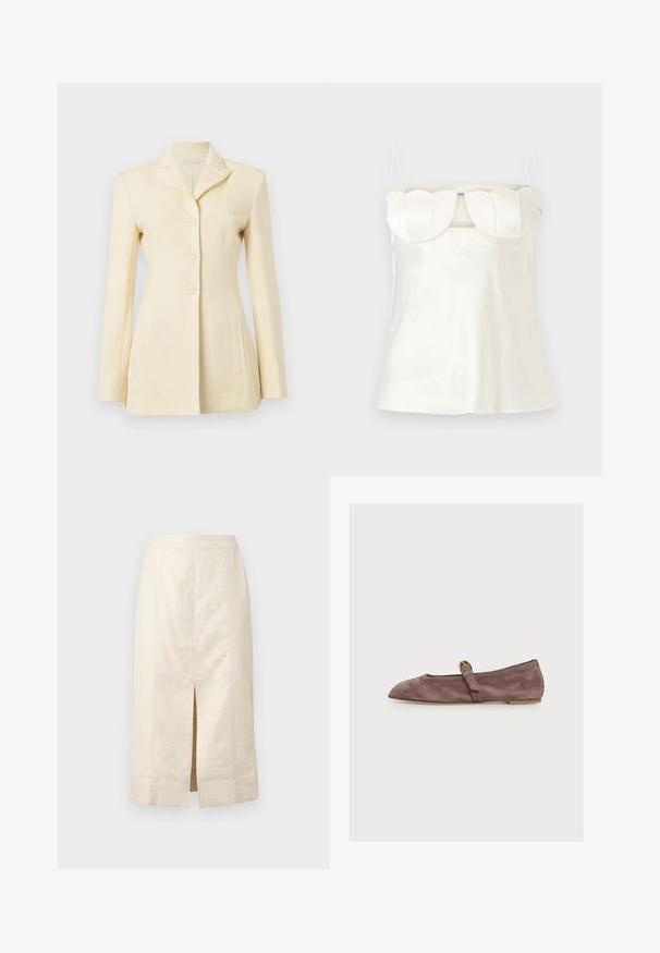 Crème-kleurige blazer met een notch-uitsnede, enkelvoudige knoopsluiting en drie knopen; inclusief zijzakken en gestructureerde pasvorm.; Witte satijnen camisole met verstelbare bandjes, een gestructureerde, gegolfde buste en een rechte zoom. Gladde textuur en minimalistisch ontwerp.; Beige midirok met een split middenvoor, rechte pasvorm en zichtbare verticale naaddetails op een lichtgewicht stof.; Bruin suède Mary Jane ballerina met een dun bandje en gouden gesp, lage hak en ronde neus, van opzij gezien op een witte achtergrond.