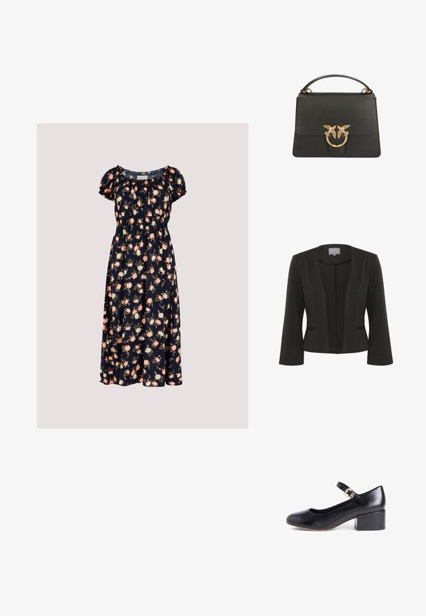 Schwarzer Blazer aus glattem Stoff, mit offener Vorderseite, 3/4-Ärmeln, zwei vorderen Taschen und subtiler strukturierter Ausgestaltung entlang der Kanten.; Apricot VINTAGE ROSE - Freizeitkleid - navy; Schwarzer Leder-Pumps mit abgerundetem Zehenbereich und Schnallenriemen-Akzent. Verfügt über einen niedrigen Blockabsatz und eine glatte Textur. Einfaches und klassisches Design.; Schwarze Lederhandtasche mit strukturiertem Design, ausgestattet mit einem goldfarbenen Ringverschluss mit zwei Vogelakzenten und einem oberen Henkel zum Tragen.