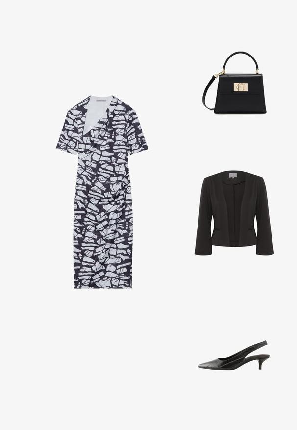 Blazer negro con una tela suave, diseño de frente abierto, mangas de 3/4, dos bolsillos frontales y un sutil detalle texturizado a lo largo de los bordes.; Vestido cruzado en azul marino y blanco, con un patrón geométrico roto, mangas cortas y una silueta ajustada con textura fruncida en la cintura.; Zapato negro de cuero con talón de tiras y tacón bajo curvado, punta puntiaguda sobre fondo blanco.; Bolso de mano de cuero negro con asa superior, correa de hombro desmontable y cierre rectangular dorado en la tapa frontal.