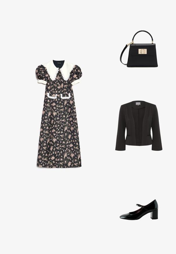 Blazer negro con una tela suave, diseño de frente abierto, mangas de 3/4, dos bolsillos frontales y un sutil detalle texturizado a lo largo de los bordes.; Vestido negro con estampado floral, mangas abullonadas, cuello blanco, ribete de encaje y botones en la parte delantera. Cuenta con dos bolsillos frontales con detalles de encaje.; Zapato Mary Jane de charol negro con puntera redonda, correa ajustable y tacón bloque grueso de altura media.; Bolso de mano de cuero negro con asa superior, correa de hombro desmontable y cierre rectangular dorado en la tapa frontal.