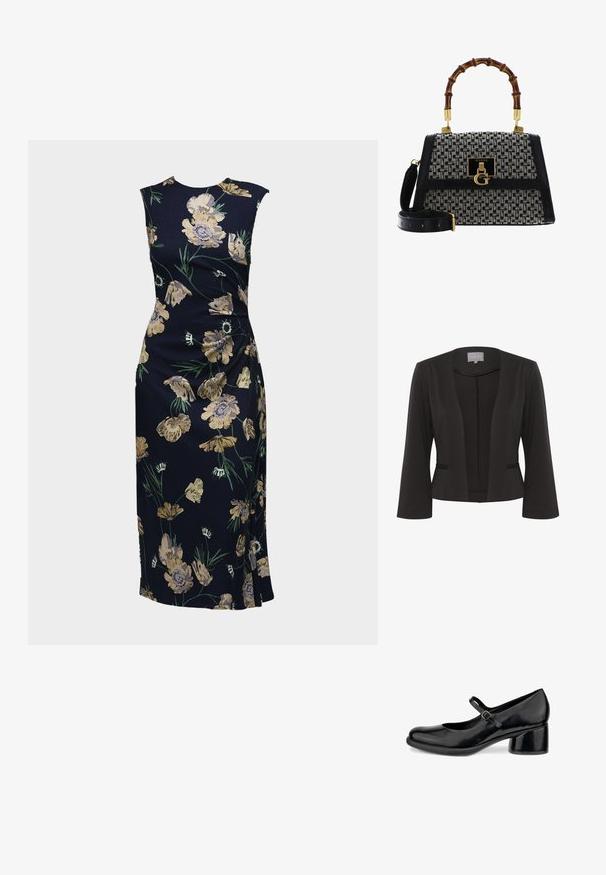Blazer negro con una tela suave, diseño de frente abierto, mangas de 3/4, dos bolsillos frontales y un sutil detalle texturizado a lo largo de los bordes.; Vestido midi ceñido sin mangas en azul oscuro con estampado floral amarillo y verde, detalle de abertura lateral y escote redondo.; ECCO SCULPTED - Tacones - black; Bolso de mano con un diseño en blanco y negro, con un asa de bambú, acentos dorados, ribete de cuero texturizado y correa de hombro desmontable.