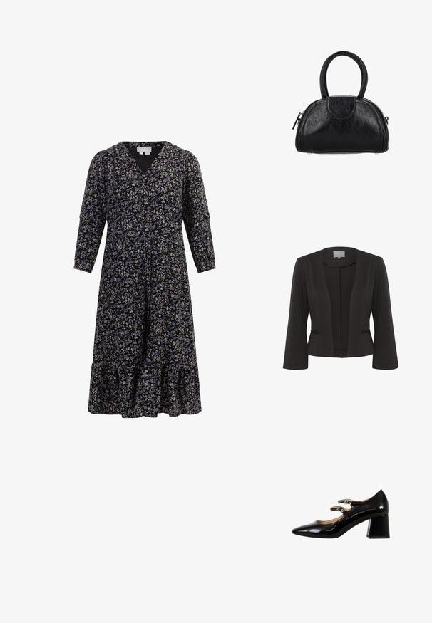 Blazer noir en tissu lisse, à l'avant ouvert, avec des manches 3/4, deux poches frontales et des détails texturés subtils le long des bords.; Robe imprimée florale avec un fond noir, ornée de fleurs violettes, blanches et marron, d'un décolleté en V, de manches trois-quarts et d'un ourlet volanté.; Chaussure Mary Jane en cuir verni noir avec deux sangles réglables, bout pointu et talon carré épais. Texture lisse et finition brillante.; Sac à main en cuir noir de forme arrondie, avec double poignée, fermeture éclair sur le dessus et poche à rabat sur le devant, posé sur un fond blanc.