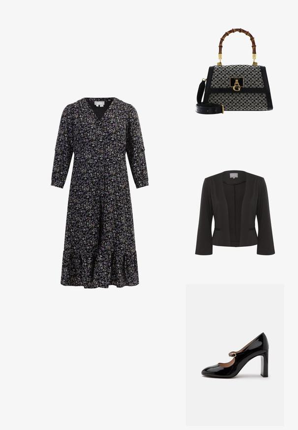 Blazer negro con una tela suave, diseño de frente abierto, mangas de 3/4, dos bolsillos frontales y un sutil detalle texturizado a lo largo de los bordes.; Vestido de estampado floral con fondo negro, que presenta flores púrpuras, blancas y marrones, escote en V, mangas de tres cuartos y un dobladillo con volantes.; Zapato Mary Jane de tacón alto de charol negro con punta redondeada y una pequeña correa con hebilla sobre el empeine sobre fondo blanco.; Bolso de mano con un diseño en blanco y negro, con un asa de bambú, acentos dorados, ribete de cuero texturizado y correa de hombro desmontable.
