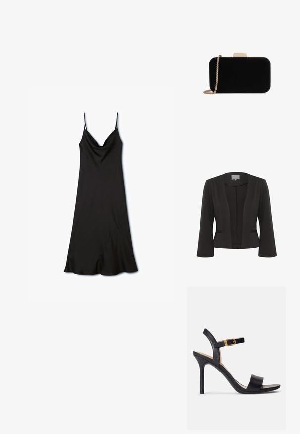 Zwarte blazer van een gladde stof, met een open voorkant, 3/4 mouwen, twee zakken aan de voorkant en subtiele textuurdetails langs de randen.; Zwarte slipdress met verstelbare spaghetti-bandjes, een cowl-halslijn en een asymmetrische zoom, gemaakt van soepel, lichtgewicht stof.; Zwarte hoge hakken sandalen met een glad leren bovenwerk, open neus en een ontwerp met één band met een gouden gespaccent.}}; Zwarte fluwelen clutch met gouden hardware, rechthoekige vorm en kettingband, met een zachte textuur en zonder zichtbare patronen.