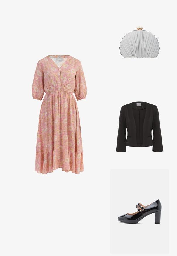 Sort blazer med et glat stof, åben frontdesign, 3/4 ærmer, to frontlommer og subtil tekstureret detaljer langs kanterne.; Blomsteret midi-kjole i rosa og gule nuancer, med V-hals, knaplukning, elastisk talje og 3/4 ærmer med svungen kant.; Sorte laklæder højhælede sko med to dekorative stropper og guldspænder. Har en afrundet tå og solid blokhælt.; Sølv clutch taske formet som en skal med plisseret stof og to perle-låse på toppen med guld accenter.
