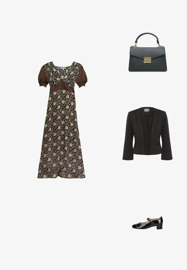 Blazer noir en tissu lisse, à l'avant ouvert, avec des manches 3/4, deux poches frontales et des détails texturés subtils le long des bords.; Robe longue marron à fleurs avec manches courtes bouffantes à pois blancs, décolleté en V et panneau cintré à la taille.; Chaussure Mary Jane en cuir verni noir avec un bout arrondi, une bride réglable à boucle et un petit talon carré. Texture lisse avec une finition brillante.; Sac à main en cuir noir texturé avec une courte poignée et un fermoir rectangulaire doré sur le rabat avant.