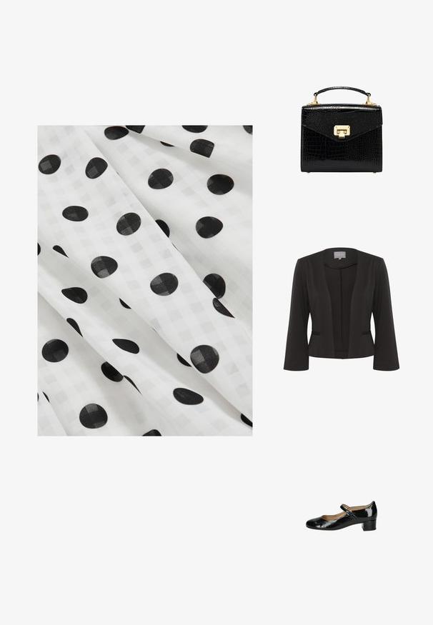 Blazer negro con una tela suave, diseño de frente abierto, mangas de 3/4, dos bolsillos frontales y un sutil detalle texturizado a lo largo de los bordes.; Tela blanca con pliegues fluidos, con una textura sutil de cuadros y grandes lunares negros espaciados uniformemente.; Zapato Mary Jane de charol negro con puntera redondeada, correa ajustable con hebilla y un tacón bajo en bloque. Textura suave con un acabado brillante.; Bolso de mano negro de cuero sintético con diseño estructurado, herrajes dorados, asa superior y cierre de solapa magnético.