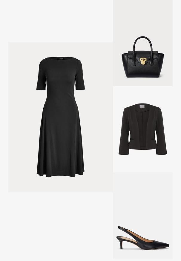 Sort blazer med et glat stof, åben frontdesign, 3/4 ærmer, to frontlommer og subtil tekstureret detaljer langs kanterne.; Sort midi-kjole med albuelange ærmer, tætsiddende krop, bådudskæring og udvidet nederdel.; Sorte læder slingback pumpe med spids tå, lav kitten hæl og glat tekstur. Har et åbent bagdesign og minimale syningsdetaljer.; Sort læderhåndtaske med en struktureret form, tekstureret overflade, to top håndtag og en guld lås.