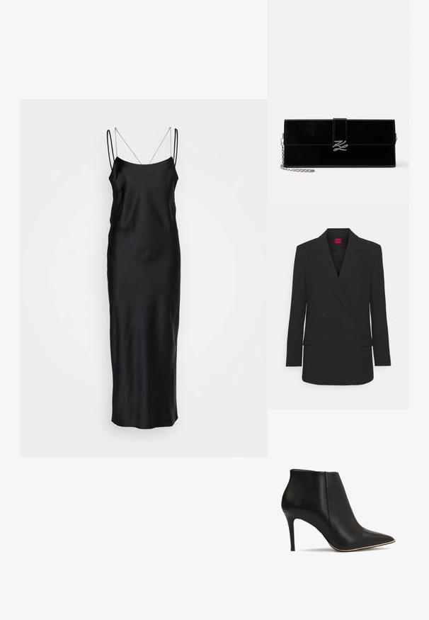 Schwarzer doppelt knöpfbarer Blazer mit Reverskragen, langen Ärmeln, zwei vorderen Taschen und mattem Finish. Verfügt über eine verdeckte Knopfleiste.; HUGO KENZEL - Cocktailkleid/festliches Kleid - black; Schwarze Lederstiefelette mit spitzem Zeh, hohem Stiletto-Absatz und goldener Akzentuierung entlang der Sohle. Glatte Textur und elegantes Design.; Glänzende schwarze rechteckige Clutch mit silbernem Kettenriemen und silberner, ineinander verschlungener Initial-Schließe an der vorderen Klappe.