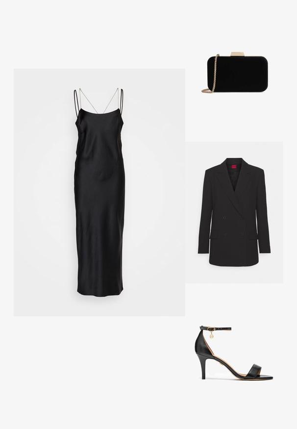 Schwarzer doppelt knöpfbarer Blazer mit Reverskragen, langen Ärmeln, zwei vorderen Taschen und mattem Finish. Verfügt über eine verdeckte Knopfleiste.; HUGO KENZEL - Cocktailkleid/festliches Kleid - black; Schwarze Leder-Sandaletten mit hohem Absatz, einem einzelnen Riemen über den Zehen, einem Knöchelriemen, goldenen Beschlägen und einem schlanken Stiletto-Absatz.; Schwarze Samt-Clutch mit goldfarbener Hardware, rechteckiger Form und Kettenriemen, mit glatter Textur und ohne sichtbare Muster.