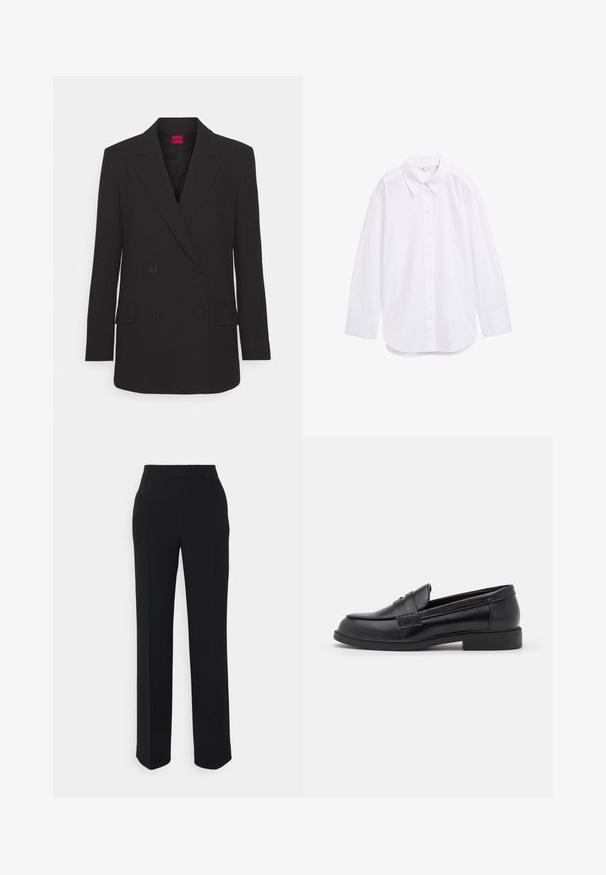 Zwarte double-breasted blazer met notch-lapels, lange mouwen, twee voorzakken en matte afwerking. Voorzien van een verborgen knoopsluiting.; Witte blouse met lange mouwen van stof, met een klassieke kraag, knoopsluiting aan de voorkant en een ronde zoom. Gladde textuur met minimale details.; Zwarte, rechte pantalon met een gladde textuur. Beschikt over een tailleband en heeft geen zichtbare patronen of accenten. Klassiek en op maat gemaakt ontwerp.; Zwarte leren loafers met een gladde textuur, ronde neus, gestikte details op de bovenkant en een lage, platte rubberen zool.
