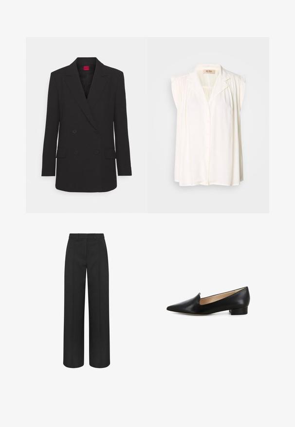 Zwarte double-breasted blazer met notch-lapels, lange mouwen, twee voorzakken en matte afwerking. Voorzien van een verborgen knoopsluiting.; Witte mouwloze blouse met een kraag, sluiting met knopen aan de voorkant en geplooide schouderdetails. Zachte textuur en vloeiende ontwerp.; Zwarte, brede broek met hoge taille, riemlussen en voorste plooinaden, op maat gemaakt voor een formele of professionele uitstraling.; Zwarte leren ballerina's met een spitse neus, lage blokhak en uitsnijding aan de binnenkant. Gladde textuur met een gepolijste afwerking.