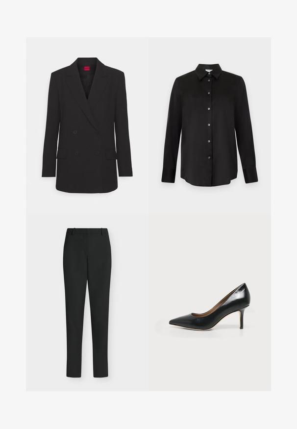 Blazer negro de corte cruzado con solapas de muesca, mangas largas, dos bolsillos frontales y acabado mate. Presenta un cierre de botones oculto.; Camisa negra de manga larga con botones, cuello puntiagudo y siete botones, mostrada sobre un fondo gris claro.; Pantalones negros de corte ajustado con trabillas para cinturón, cremallera frontal y piernas rectas, mostrados sobre un fondo blanco.; Zapato de tacón alto de cuero negro con punta puntiaguda, tacón kitten delgado y un acabado suave y brillante sobre un fondo blanco.