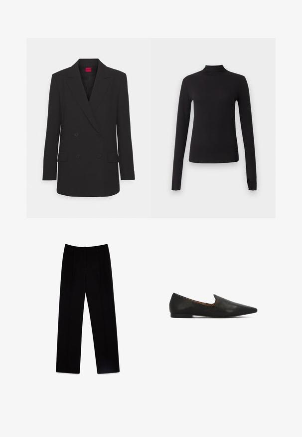 Zwarte double-breasted blazer met notch-lapels, lange mouwen, twee voorzakken en matte afwerking. Voorzien van een verborgen knoopsluiting.; Zwart aansluitend shirt met lange mouwen en nepkraag, weergegeven op een effen lichtgrijze achtergrond.; Zwarte op maat gemaakte broeken van geweven stof. Kenmerken een rechte pijpdesign, twee plooien aan de voorkant en een gladde, matte textuur.; Zwarte leren ballerina's met een puntige neus, een lage, getextureerde hak en een strakke uitsnede rond de wreef voor makkelijk aan- en uittrekken.