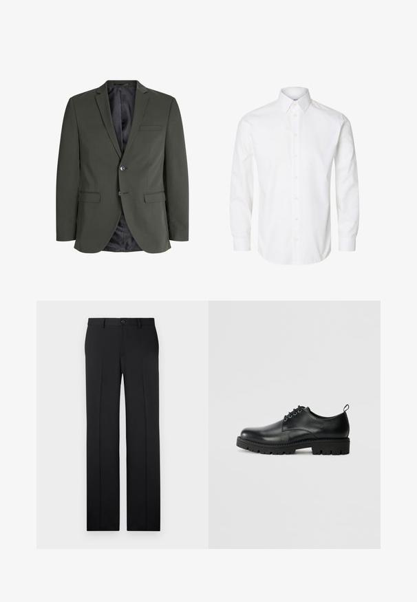 Olijfgroen blazer van gladde stof, met een enkele knoopsluiting, notch revers en twee voorzakken. Gevoerde binnenzijde.; Wit overhemd met lange mouwen, een puntige kraag, zichtbare knopen vooraan en knoopmanchetten.; Zwarte, op maat gemaakte broek met een rechte pijp, zachte stof, voorvouwen en een enkele knoopsluiting in de taille.; Zwarte lederen schoen met een ronde neus, voorzien van een vetersluiting, stevige zwarte rubberen zool en een klein hieltabje aan de achterkant.
