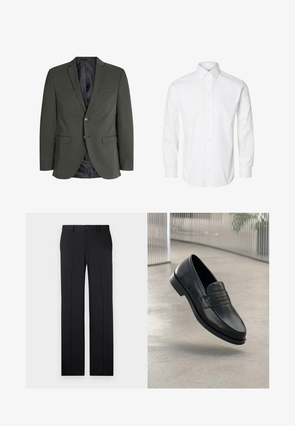 Olijfgroen blazer van gladde stof, met een enkele knoopsluiting, notch revers en twee voorzakken. Gevoerde binnenzijde.; Wit overhemd met lange mouwen, een puntige kraag, zichtbare knopen vooraan en knoopmanchetten.; Zwarte, op maat gemaakte broek met een rechte pijp, zachte stof, voorvouwen en een enkele knoopsluiting in de taille.; Zwarte leren loafer met een gladde textuur, spitse neus en een decoratieve band over de wreef. Lichtgewicht zool, minimalistisch ontwerp.