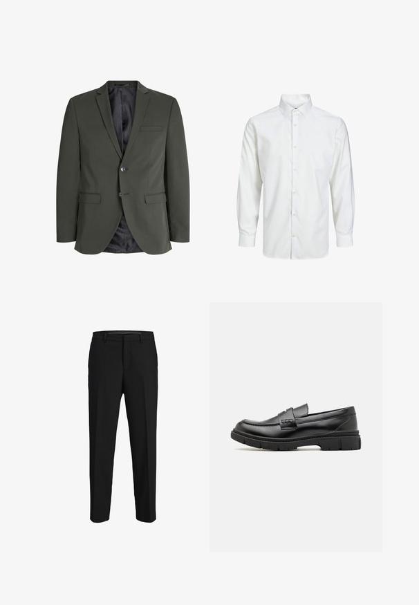 Olijfgroen blazer van gladde stof, met een enkele knoopsluiting, notch revers en twee voorzakken. Gevoerde binnenzijde.; Wit overhemd met lange mouwen, knoopsluiting, puntige kraag en knoopmanchetten, getoond op een effen witte achtergrond.; Zwarte broeken van een gladde stof, met een rechte snit, riemlussen en een platte voorkant zonder zichtbare patronen of versieringen.; Zwarte leren instapper met een brede band over de voet, rubberen zool met dikke noppen en een gladde textuur. Klassiek, strak ontwerp.