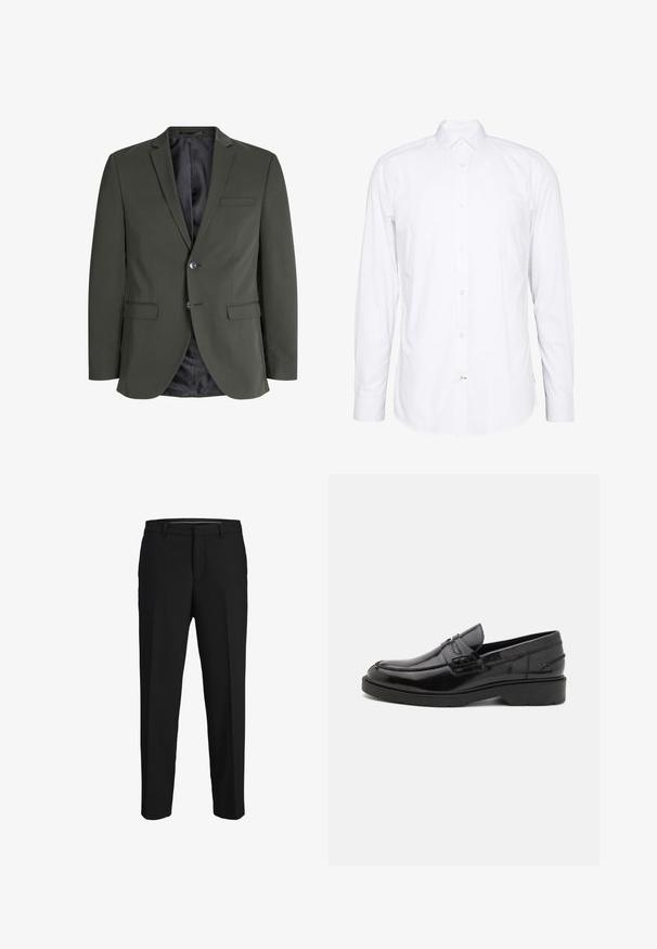 Blazer verde oliva hecho de tejido suave, con cierre de un botón, solapas de muesca y dos bolsillos frontales. Interior forrado.; Camisa blanca de manga larga hecha de algodón. Presenta un cuello, cierre frontal con botones y puños con un solo botón. Textura suave, diseño limpio.; Pantalones negros de tela suave, con corte recto, lazos para cinturón y un diseño de frente plano sin patrones ni adornos visibles.; Mocasines de cuero negro con un acabado suave, punta redondeada, tacón bajo y costura decorativa en la parte delantera. Suela de goma para mayor agarre.