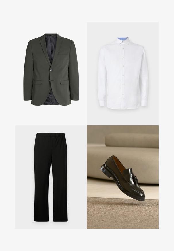 Blazer verde oliva hecho de tejido suave, con cierre de un botón, solapas de muesca y dos bolsillos frontales. Interior forrado.; Camisa blanca de manga larga con botones al frente, con un patrón a cuadros azul claro en el interior del cuello y los puños. Textura de tela suave.; Pantalones negros de cintura elástica con un diseño de pierna recta. Hechos de tela suave, sin patrones ni adornos visibles.; Zapato mocasín de cuero negro con borlas flotando sobre una alfombra beige con un sofá beige al fondo.