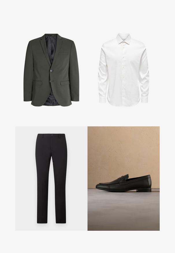 Olijfgroen blazer van gladde stof, met een enkele knoopsluiting, notch revers en twee voorzakken. Gevoerde binnenzijde.; Wit herenshirt met lange mouwen, een puntige kraag en een rij witte knopen aan de voorkant op een effen achtergrond.; Zwarte, op maat gemaakte broek met een rechte pijp, voorzien van een knoopsluiting en riemlussen. Gemaakt van gladde stof zonder zichtbare patronen.; Zwarte leren loafer die zweeft boven een beige tapijt met een beige bank in een minimalistische binnenomgeving.