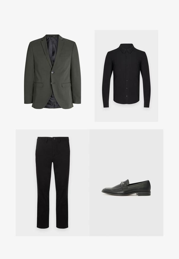 Olijfgroen blazer van gladde stof, met een enkele knoopsluiting, notch revers en twee voorzakken. Gevoerde binnenzijde.; Zwart overhemd met lange mouwen gemaakt van zachte stof, voorzien van een knoopsluiting aan de voorkant, een klassieke kraag en knoopmansjetten. Gladde textuur zonder patronen.; Zwarte broek van een gladde stof, met een rechte snit, lussen voor een riem en een enkele knoopsluiting in de taille. Geen patronen.; Zwarte leren instapper met een gladde afwerking, voorzien van een gestikt ontwerp en een decoratieve metalen kettingaccent over de wreef. Platte hak.
