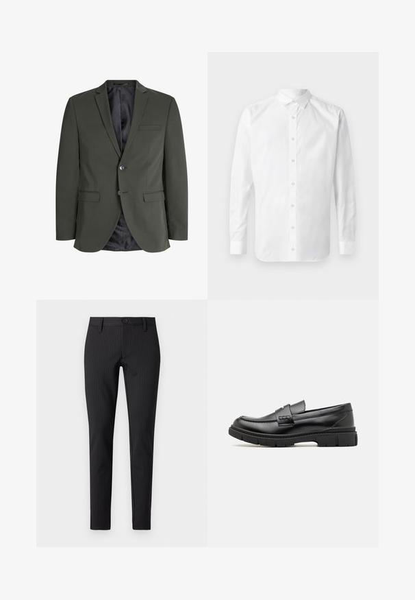 Olijfgroen blazer van gladde stof, met een enkele knoopsluiting, notch revers en twee voorzakken. Gevoerde binnenzijde.; Witte langslijfknopshirt met een klassieke kraag, een voorpand met knopen en een gladde katoenstructuur.; Zwarte broek met streepdessin, met een platte voorkant, slim fit, voorzien van een knoopsluiting en ceintuurlussen, gemaakt van een soepel textielmateriaal.; Zwarte leren instapper met een brede band over de voet, rubberen zool met dikke noppen en een gladde textuur. Klassiek, strak ontwerp.