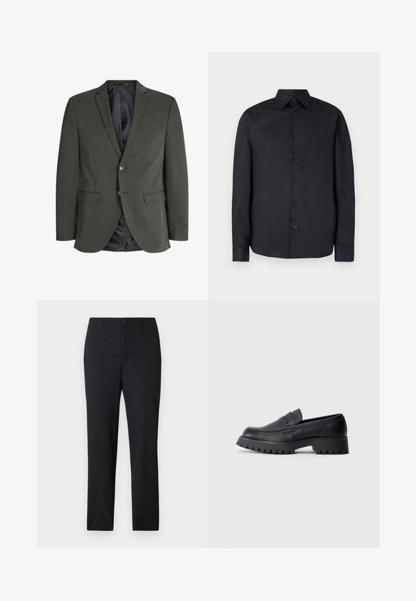 Blazer verde oliva hecho de tejido suave, con cierre de un botón, solapas de muesca y dos bolsillos frontales. Interior forrado.; Camisa negra de manga larga con diseño ajustado, botones delanteros, cuello clásico y textura suave; cuenta con siete botones oscuros.; Pantalones negros de pierna recta con cierre de botones y trabillas para cinturón, diseñados para uso formal o de negocios.; Mocasines de cuero negro con punta redondeada, que presentan una correa decorativa y una suela de goma gruesa con surcos profundos para mayor tracción.