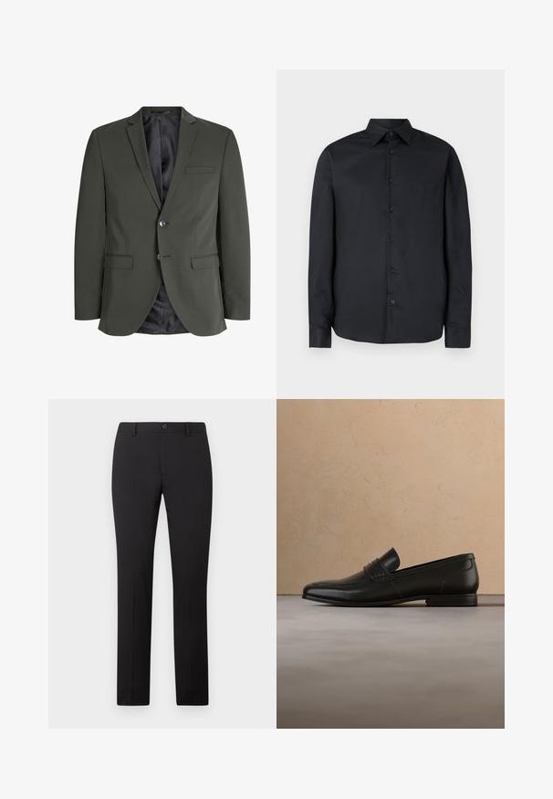 Olijfgroen blazer van gladde stof, met een enkele knoopsluiting, notch revers en twee voorzakken. Gevoerde binnenzijde.; Zwart shirt met lange mouwen en een aangesloten pasvorm, knopen aan de voorkant, klassieke kraag en een gladde textuur; heeft zeven donkere knopen.; Zwarte, op maat gemaakte broek met een rechte pijp, voorzien van een knoopsluiting en riemlussen. Gemaakt van gladde stof zonder zichtbare patronen.; Zwarte leren loafer schoenen zwevend in de lucht boven een beige tapijt met een beige bank op de achtergrond.