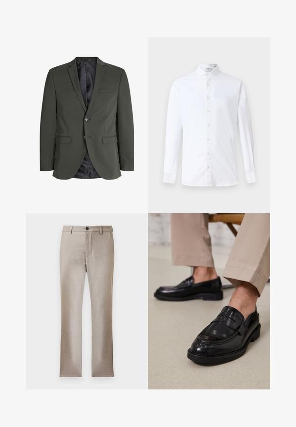Blazer verde oliva hecho de tejido suave, con cierre de un botón, solapas de muesca y dos bolsillos frontales. Interior forrado.; Camisa de botonadura larga blanca de algodón, con cuello clásico, corte recto y una textura suave con botones a juego.; Pantalones tailored beige con un tejido suave y ligero, cremallera y cierre de botón. Presentan dos bolsillos laterales y un diseño de pierna recta ajustada.; Mocasines de cuero negro con un acabado suave, que cuentan con una correa decorativa y costuras en contraste, combinados con pantalones beiges.
