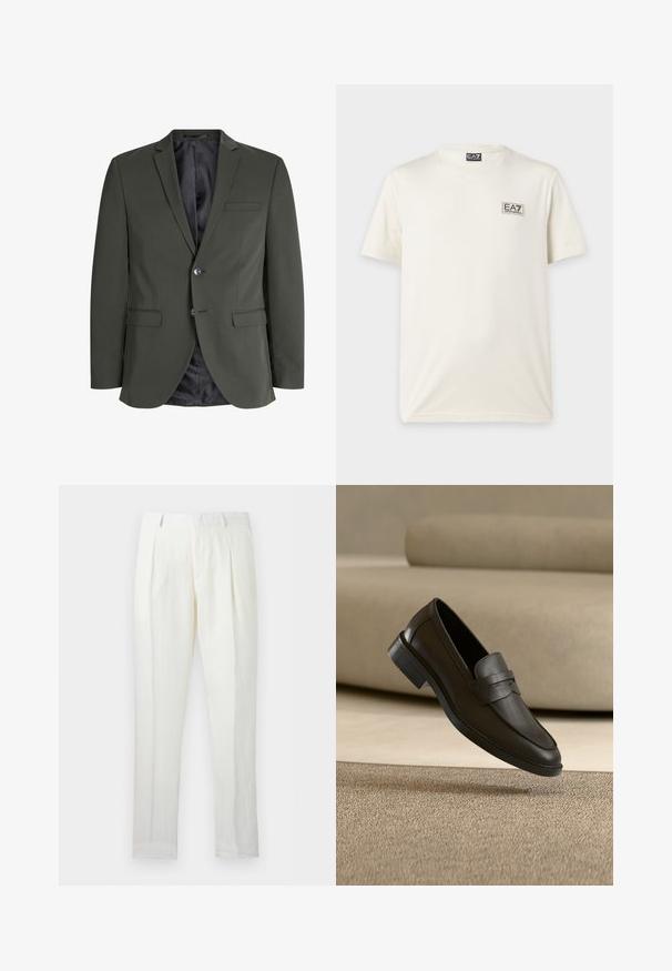 Olijfgroen blazer van gladde stof, met een enkele knoopsluiting, notch revers en twee voorzakken. Gevoerde binnenzijde.; Effen wit T-shirt met korte mouwen en ronde hals met klein zwart-wit EA7 Emporio Armani-logo op de linkerborst.; Witte, rechte broek met hoge taille, plooien en riemlussen, op een effen achtergrond.; Zwarte leren loafer die rust op een beige tapijt met een gebogen beige bank op de achtergrond.