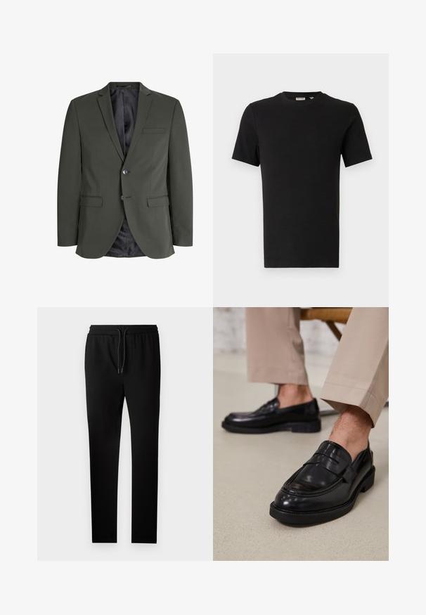 Olijfgroen blazer van gladde stof, met een enkele knoopsluiting, notch revers en twee voorzakken. Gevoerde binnenzijde.; Zwart T-shirt met korte mouwen en een geribbelde textuur, weergegeven tegen een neutrale lichtgrijze achtergrond.; Zwarte joggingsbroek met een getailleerde pasvorm, elastische tailleband en trekkoord. Gemaakt van zachte stof met een gladde textuur en zonder zichtbare patronen.; Zwarte leren loafers met een gladde afwerking, voorzien van een decoratieve band en contrasterende stiksels, gecombineerd met beige broeken.