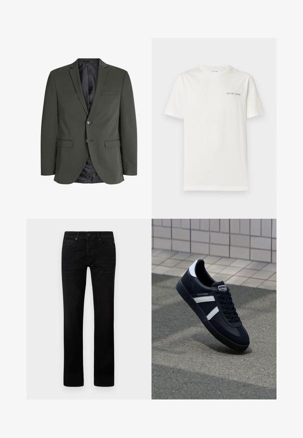 Olijfgroen blazer van gladde stof, met een enkele knoopsluiting, notch revers en twee voorzakken. Gevoerde binnenzijde.; Effen wit T-shirt met korte mouwen en een klein blauw "SAMSØE SAMSØE" tekstlogo op de linkerborst.; Zwarte denim jeans met een rechtgesneden ontwerp. Bevat een rits, vijf zakken en minimale slijtage op de stof.; Zwarte leren sneaker met witte strepen, een gestructureerde rubberen zool en vetersluiting aan de voorkant. Voorzien van een merklabel op de tong.