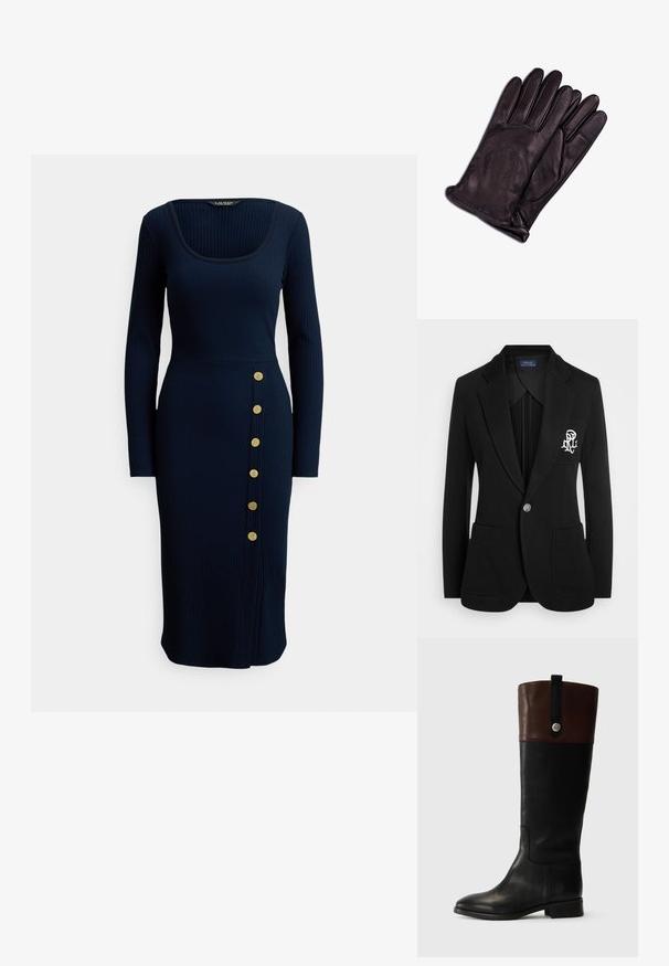 Sort blazer lavet af struktureret stof, med enkelt knaplukning, to forlommer og et broderet logo på venstre bryst.; Marineblå ribstrikket midi kjole med firkantet udskæring og lange ærmer, med en sideknapdetalje med seks guldknapper.; Sorte læderknæhøje støvler med en brun lædermanchet, metaldetaljer og en glat overflade. Har en rund tå og flad hæl.; CASH-MERE Handsker - schwarz