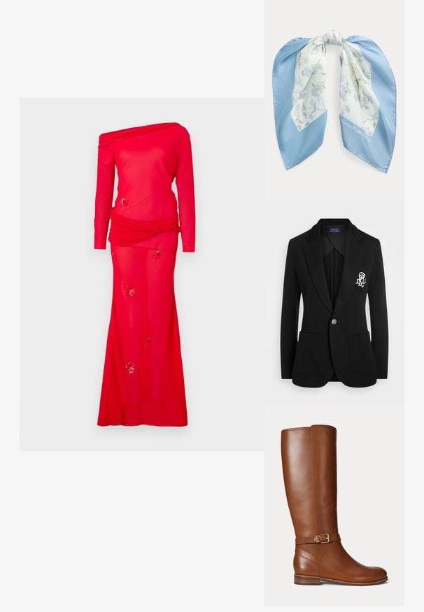 Zwarte blazer van textuurstof, met een enkele knoopsluiting, twee voorzakken en een geborduurd logo op de linkerborst.; Rode jurk met lange mouwen en een off-the-shoulder ontwerp, gedrapeerde lijfje en versierde bloemenpatronen op de rok. Soepele stoftextuur.; Bruine leren kniehoge laars met een kleine gouden gesp en het "RL" logo op de band bij de enkel, platte hak en een gladde afwerking.; Zijdezachte blauw-witte sjaal met bloemmotief, geknoopt, met een zachte textuur en een mooie val.