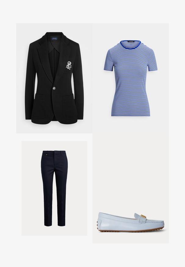 Sort blazer lavet af struktureret stof, med enkelt knaplukning, to forlommer og et broderet logo på venstre bryst.; Blå og hvide vandrette stribede kortærmet T-shirt med rund hals og tætsiddende silhuet på ensfarvet baggrund.; Marineblå chinos lavet af bomuldsblanding med et tilspidset fit, flad front, sidelommer og en enkelt baglomme; har et lille guldlogo.; Lyseblå læderloafer med brune gumminudder på sålen og guldspænde foran, vist i sideprofil.