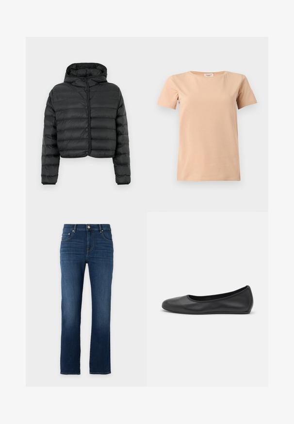 Doudoune noire courte avec matelassage horizontal, fermeture avant à boutons-pression, manches longues, et capuche attachée, sur un fond uni.; T-shirt beige manches courtes avec col rond et ourlet droit sur un fond uni gris clair.; Jean en denim bleu foncé à jambe droite avec cinq poches et fermeture par bouton sur un fond clair uni.; Ballerines en cuir noir avec un bout rond, texture lisse, détails de couture minimalistes et design de semelle flexible.