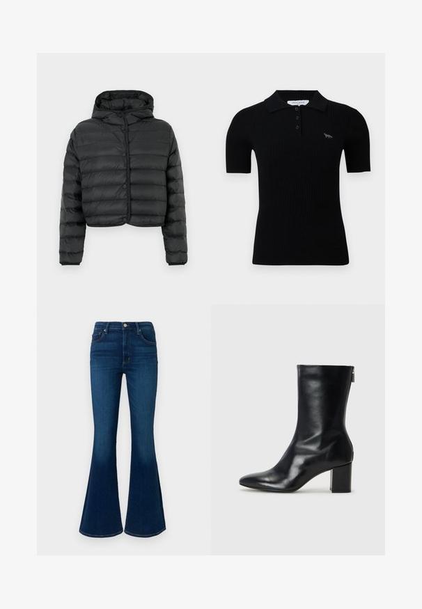 Doudoune noire courte avec matelassage horizontal, fermeture avant à boutons-pression, manches longues, et capuche attachée, sur un fond uni.; Polo noir à côtes avec un col classique, une patte de boutonnage à trois boutons et un petit design brodé sur la poitrine gauche.; Jean flare bleu foncé taille haute, en denim. Comprend des poches standard, une fermeture à boutons sur le devant et une texture lisse.; Bottine en cuir noir avec un bout pointu et un talon carré de 4 cm. Design élégant avec une fermeture éclair sur le côté pour un enfilage facile. Texture lisse.