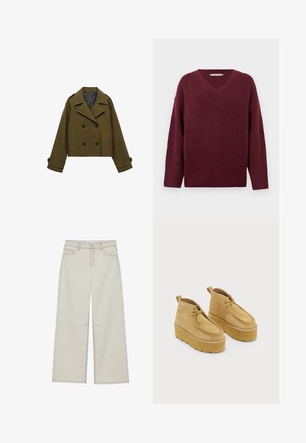 Veste cropped double boutonnage vert olive avec larges revers, poignets à boutons, bretelles et deux poches avant.; Pull col en V bordeaux en matière douce et texturée, avec manches larges et ourlet côtelé. Design simple et classique sans ornements.; Pantalons larges gris clair avec cinq poches, fermeture à bouton à l'avant et surpiqûres en contraste le long des coutures. Le tissu semble doux et durable.; Bottes à chevilles en daim beige clair avec un bout arrondi et un laçage. Semelle épaisse et chunky avec une finition texturée et des détails de couture.