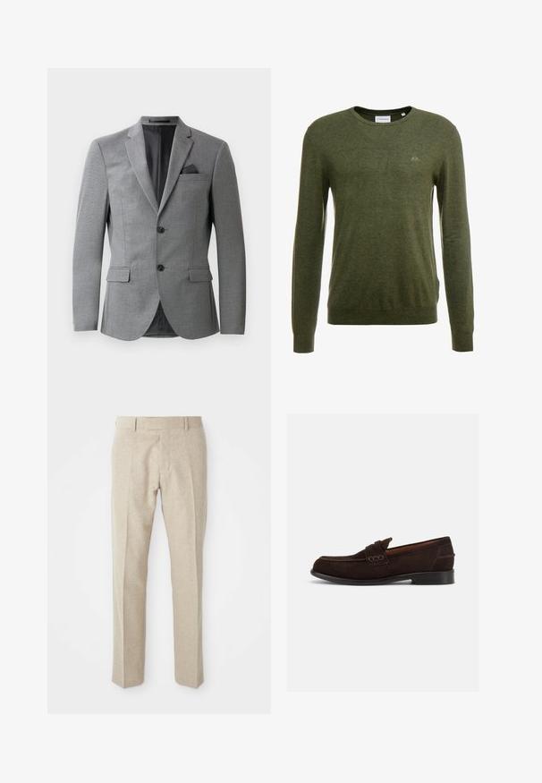 Blazer gris présentant un tissu texturé, un design à un seul bouton, deux poches avant et un col cranté élégant. Comprend un mouchoir de poche.; Pull long à manches longues vert olive avec col ras du cou, texture douce, bords côtelés aux poignets et à l'ourlet, arborant un petit logo sur la poitrine.; Pantalons taillés beige en tissu texturé, avec un devant plat, des jambes droites et une taille traditionnelle avec passants de ceinture.; Mocassin pour homme en daim marron foncé avec couture décorative et talon bas, présenté de profil droit sur un fond clair uni.