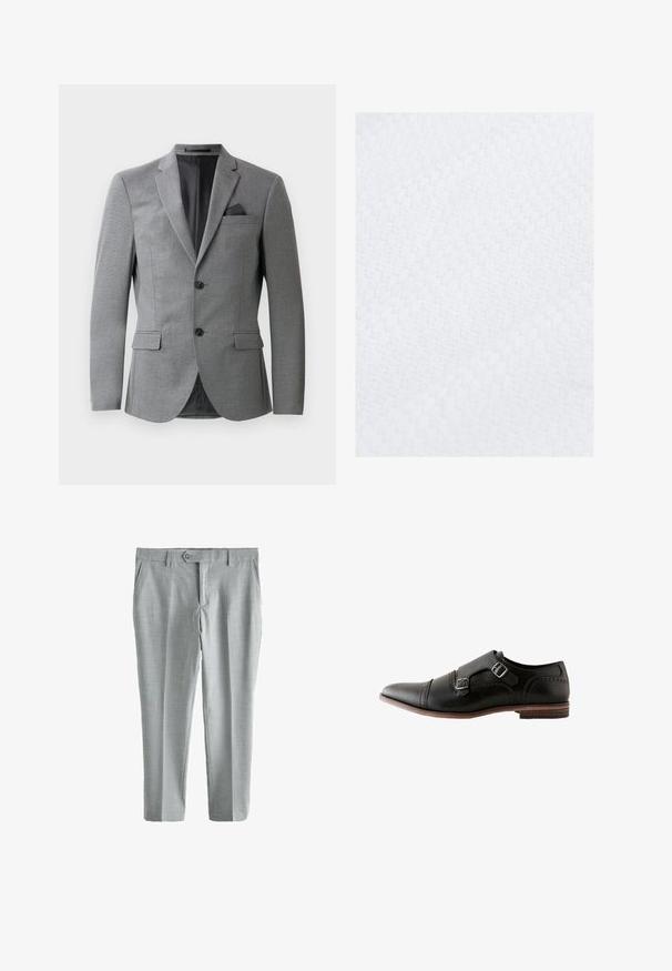 Blazer gris présentant un tissu texturé, un design à un seul bouton, deux poches avant et un col cranté élégant. Comprend un mouchoir de poche.; Gros plan d’un tissu blanc avec un motif texturé en forme de gaufre et des lignes diagonales créant un design géométrique subtil.; Next REGULAR FIT - SLIM FIT MOTIONFLEX TEXTURED SUIT TROUSERS . - Pantalon de costume - grey; Chaussure habillée en cuir noir à double fermeture monk avec semelle marron et détails brogues, vue de profil gauche.