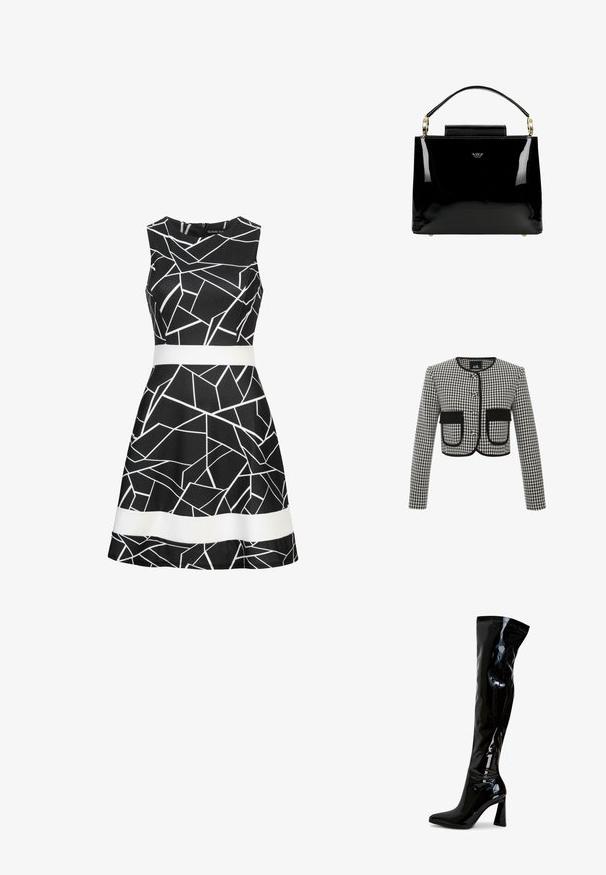 Cropped-Jacke im schwarz-weiß karierten Muster, mit Rundhalsausschnitt, drei Knöpfen und zwei vorderen Taschen mit schwarzem Besatz.; Schwarzes ärmelloses Kleid mit einem geometrischen weißen Muster und einem kontrastierenden weißen Gürtel in der Taille. Glattes Material und ausgestellter Rock.; Schwarze Overknee-Stiefel aus lackiertem Leder mit spitz zulaufender Zehenpartie, quadratischem Blockabsatz und glatter, glänzender Oberfläche. Ohne sichtbare Beschläge.; Schwarze Handtasche aus Lackleder mit strukturiertem Design, ausgestattet mit einem oberen Griff, goldenen Hardware-Akzenten und einer kleinen Frontklappe.