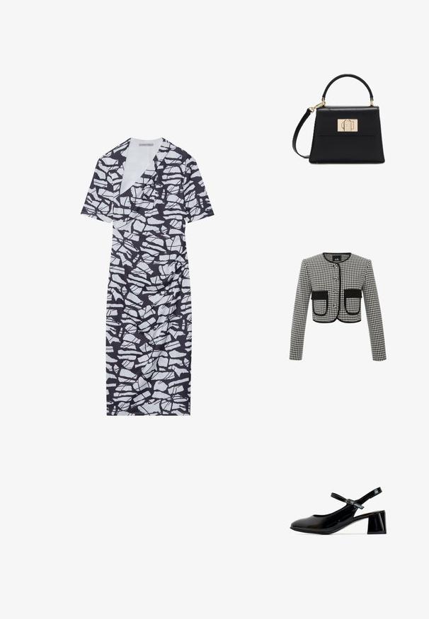 Cropped-Jacke im schwarz-weiß karierten Muster, mit Rundhalsausschnitt, drei Knöpfen und zwei vorderen Taschen mit schwarzem Besatz.; Wickeldress in Navy und Weiß, mit einem geometrischen, gebrochenen Muster, kurzen Ärmeln und einer figurbetonten Silhouette mit gerafftem Material an der Taille.; Schwarzer Schuh aus Lackleder mit rundem Zehenbereich, verstellbarem Knöchelriemen und Blockabsatz. Glatte Textur mit minimaler Verzierung.; Schwarze Lederhandtasche mit Tragegriff oben, abnehmbarem Schulterriemen und goldenem rechteckigem Verschluss an der Vorderklappe.