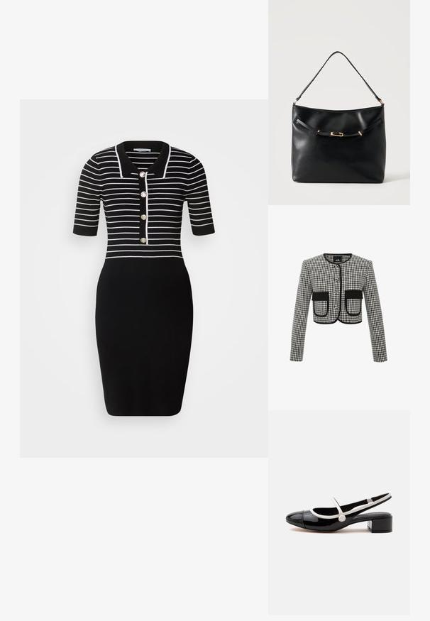 Chaqueta corta en patrón de cuadro vichy en blanco y negro, con un escote redondo, tres botones y dos bolsillos frontales con ribete negro.; Morgan Vestido de tubo - noir/blanc; Zapato slingback de charol negro con tira y ribetes blancos, tacón bajo de bloque y diseño de punta redonda sobre fondo blanco.; Bolso de hombro de cuero negro con una sola correa y un pequeño detalle de hebilla dorada en la parte delantera sobre un fondo claro y liso.