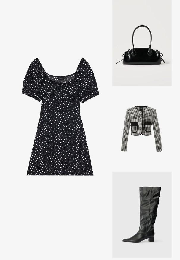 Paneljakke i sort og hvidt gingham mønster, med rund halsudskæring, tre knapper og to frontlommer med sort kant.; Sort kort kjole med hvide uregelmæssige polka dots, puffede ærmer, firkantet udskæring og frontbinding.; Sorte læderknæhøje støvler med spids tå, afslappet skaft og blokhæl. Glat tekstur med minimal synlig syning.; Lille sort blank håndtaske med to lange håndtag og snøre-detaljer i siden på en ensfarvet lys baggrund.