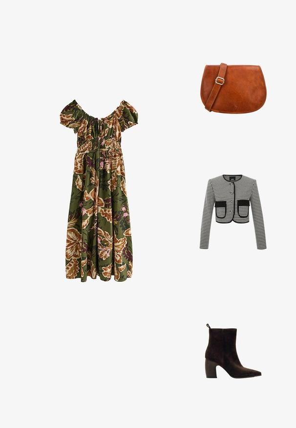 Kort jasje in een zwart-wit ruitpatroon, met een ronde halslijn, drie knopen en twee voorkruiszakken met zwarte bies.; Groene off-shoulder jurk met grote bloemenprint in bruin en paars en een geplooide elastische taille en mouwen.; Bruine suède enkellaars met een spitse neus, chunky geribbelde hak en een lus aan de achterkant voor gemakkelijk aan- en uittrekken. Strak design en een gladde textuur.; Bruine leren crossbodytas met verstelbare riem en zilveren gesp, gladde textuur, gebogen onderkant en zichtbare stiksels langs de randen.