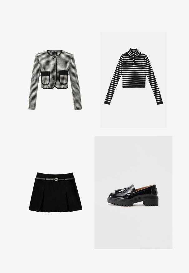 Cropped-Jacke im schwarz-weiß karierten Muster, mit Rundhalsausschnitt, drei Knöpfen und zwei vorderen Taschen mit schwarzem Besatz.; Gestreifter, schwarz-weißer, verkürzter Pullover mit hohem Kragen und dreifacher Knopfleiste. Mit langen Ärmeln und gerippter Textur.; Schwarzer plissierter Minirock mit einem schmalen schwarzen Gürtel und einer silbernen rechteckigen Schnalle, dargestellt vor einem weißen Hintergrund.; Schwarze Lacklederloafers mit dicker schwarzer Sohle, ausgestattet mit Quasten-Detail und einem kleinen Perlenakzent. Geschmeidige Textur und abgerundete Form.